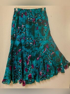 Bohemian Cafe 100% Cotton Teal Floral & Animal-Print Maxi Skirt - Size XL - NWT!